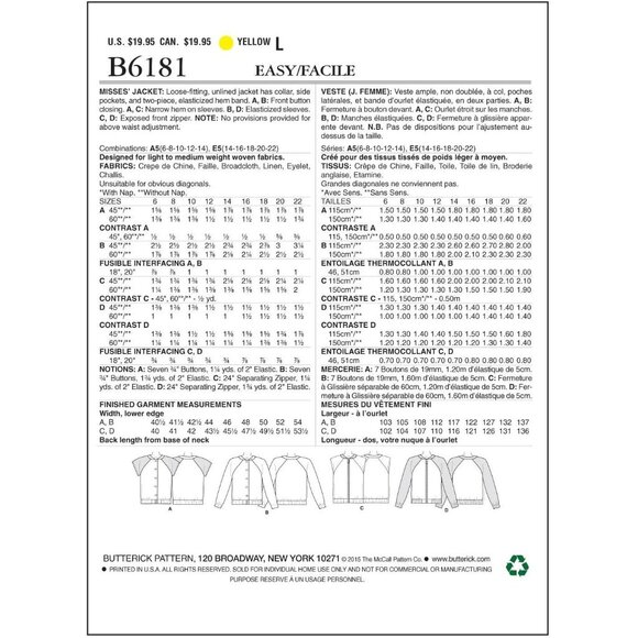 Butterick Sewing Pattern 6181 Jacket Misses Size 14-22 - Picture 2 of 5